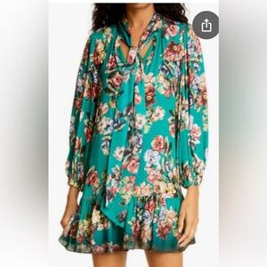 Alice + Olivia green floral Merrillee tie neck dress, small